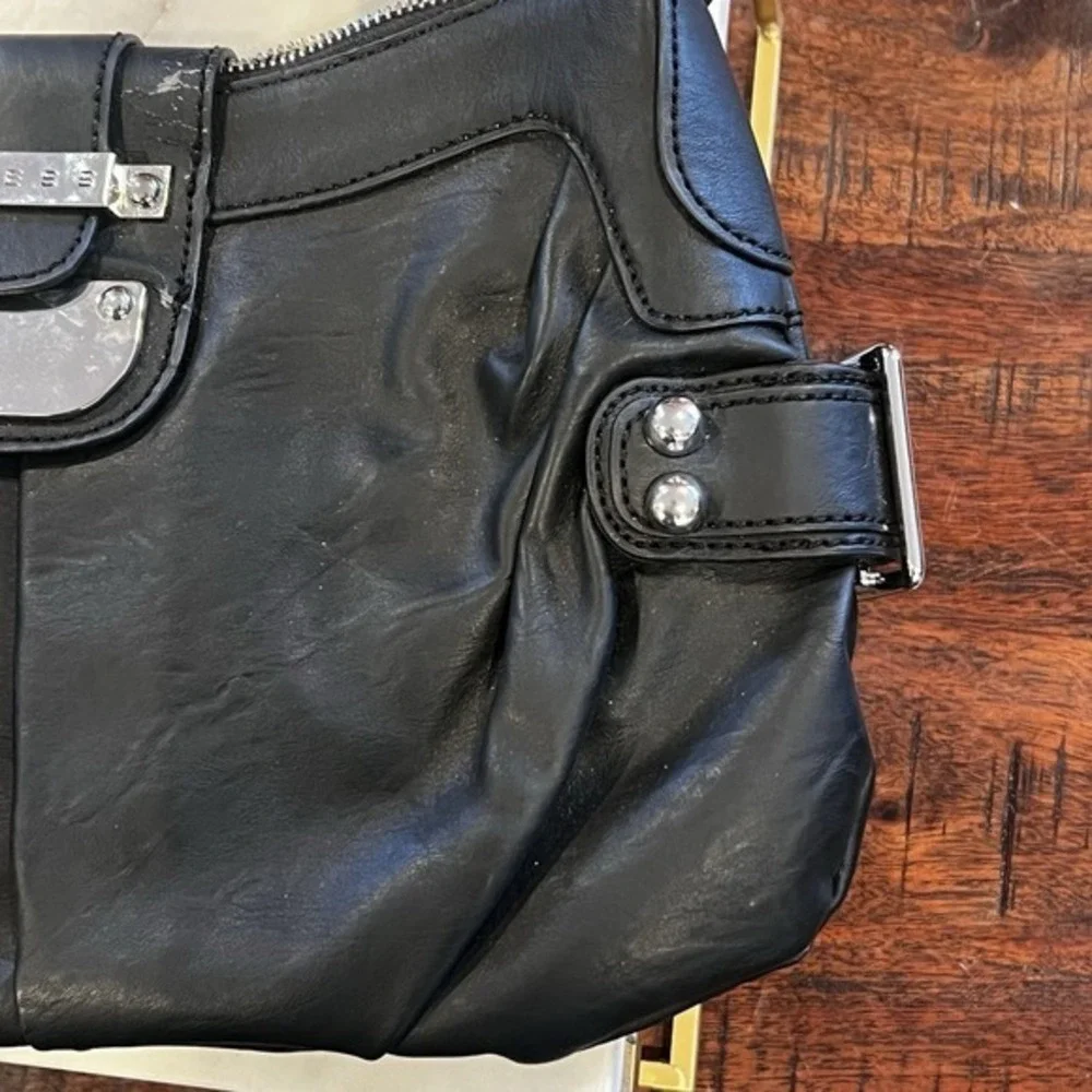 GUESS Black Leather‎ Shoulder Bag Y2K Silver Hardware Zip Hobo Purse